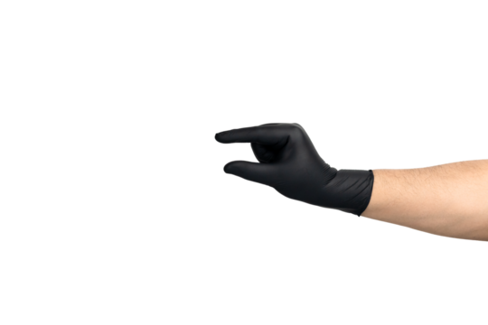 Hand in a black glove making a pinching gesture for a small amount. A concept of precision for culinary. isolated on white background with clipping path.