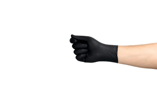 Hand in a black glove in a closed or holding position, ready to give or receive an object. isolated on white background with clipping path.