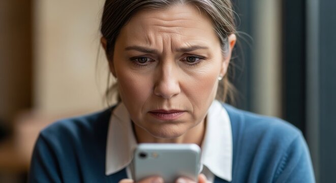Close-up of a woman looking intently at a phone, her expression troubled