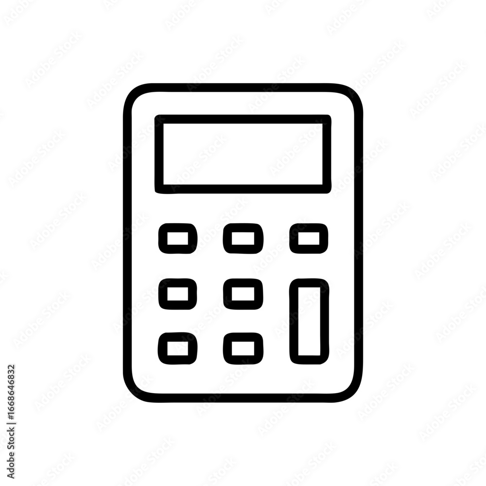 Poster illustration of a simple black and white calculator with a display and number buttons for calculatio