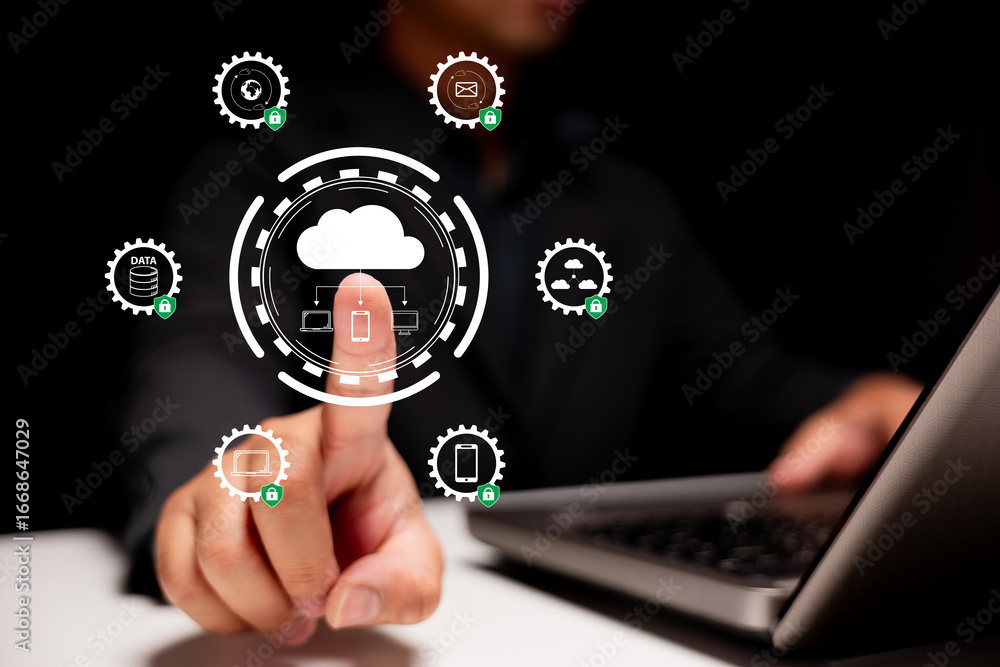 Poster cloud security and data protection. a businessman uses a digital touchscreen interface in a modern o