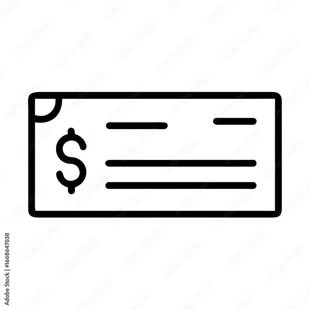 Poster illustration of a bank check with a dollar sign and lines representing text on a white background