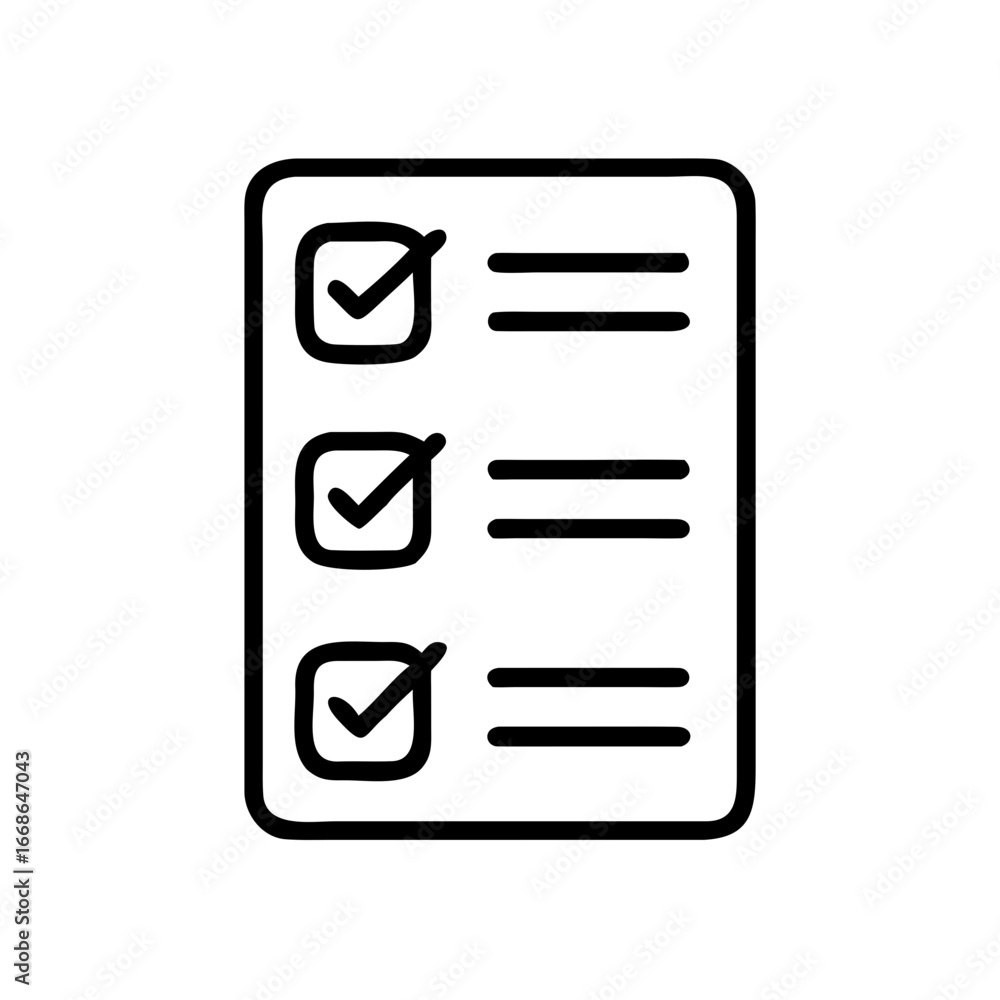 Poster checklist icon showing a document with three checked boxes and horizontal lines in black outline sty