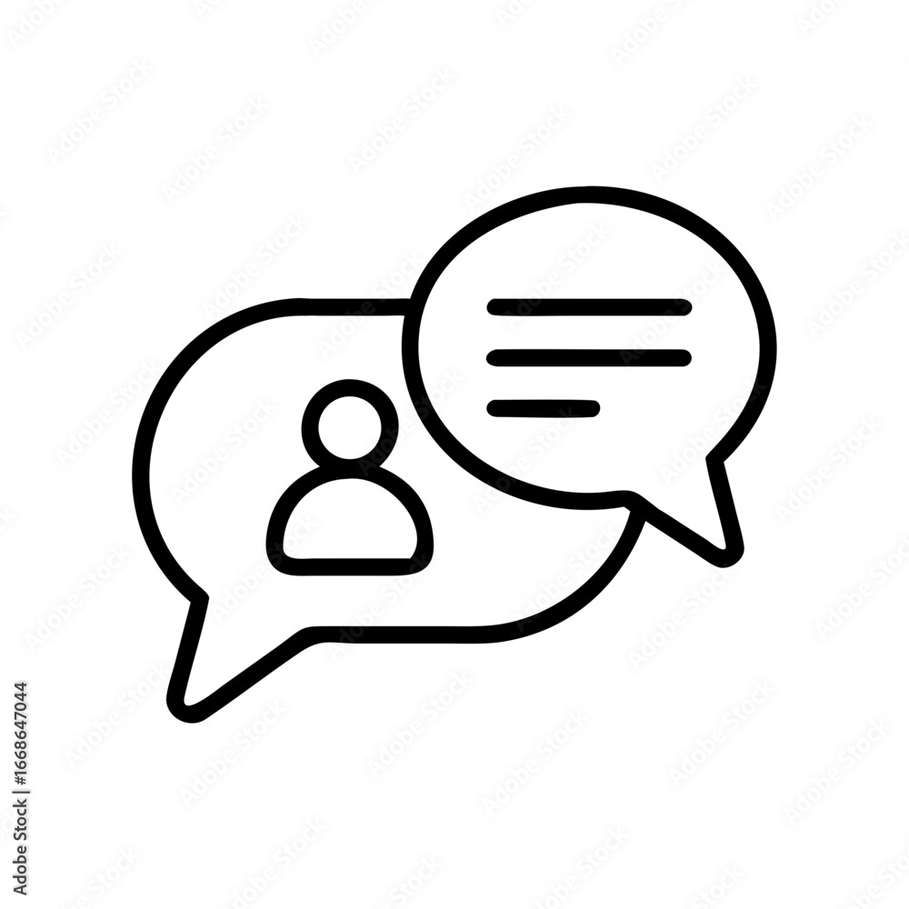 Poster illustration of two overlapping speech bubbles one with a person icon and one with text lines icon