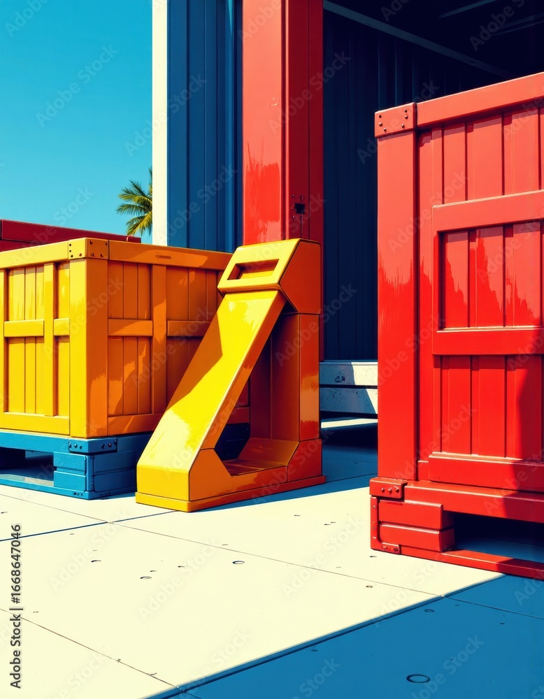 Poster bright pallet corner guard positioned near colorful crates in a market loading area