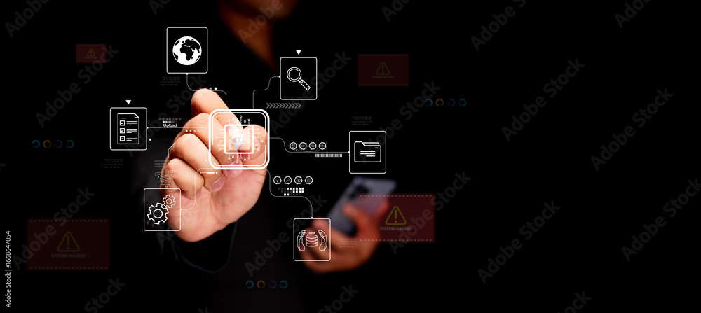 Aufkleber cybersecurity and digital data flow. a businessman uses a smartphone and touchscreen interface in a 