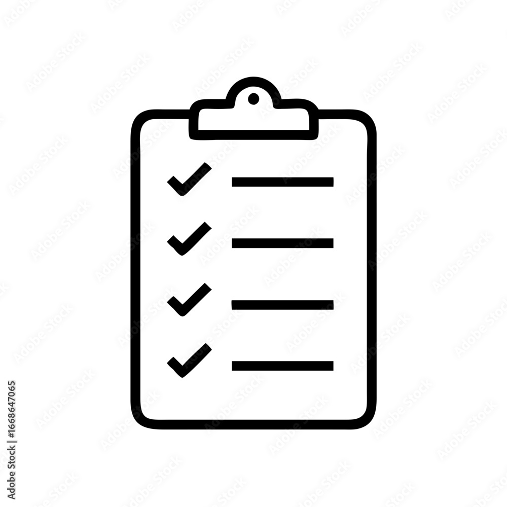 Poster a simple black and white line drawing of a clipboard with check marks and horizontal lines on it sho