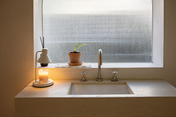 Modern Concrete Washbasin with Glass Block Wall