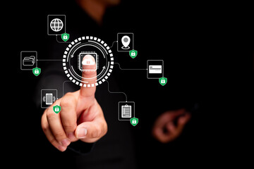 Cybersecurity and secure data access. A businessman uses a digital touchscreen in a modern office to interact with encrypted information icons, ensuring privacy
