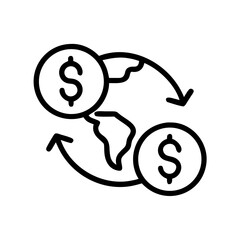 Fototapeta premium Illustration of global money transfer with dollar coins and arrows indicating flow of currency around the world
