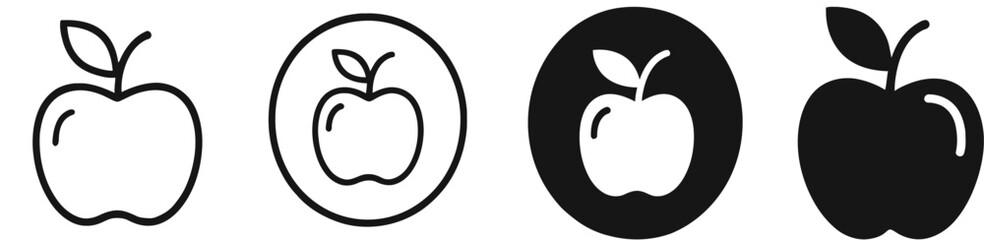 A collection of four apple illustrations, ranging from a simple outline to a solid silhouette, showcasing diverse artistic interpretations of the fruit.