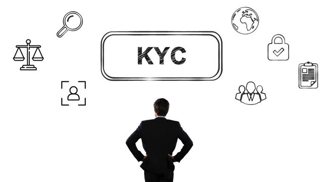  Business professional interacting with a Know Your Customer (KYC) compliance and security interface on digital screen.