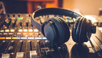 Naklejka premium Headphones Resting on a Mixer with Warm Ambient Light
