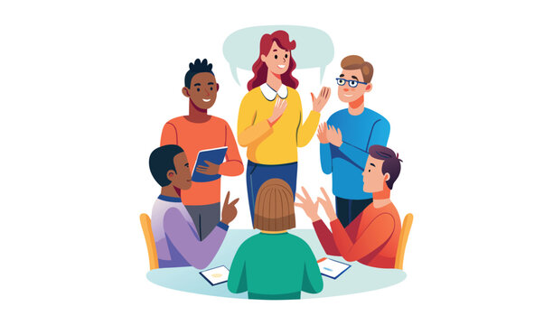 Diverse group of young adults collaborating and discussing ideas in a circle