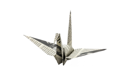 A meticulously crafted origami crane, folded from newspaper, against a plain white background.