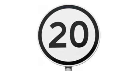 White circular speed limit sign displaying the number twenty.