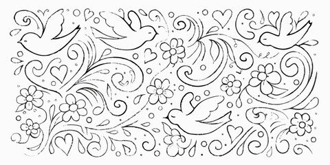 Ornate Black and White Design with Birds and Flowers