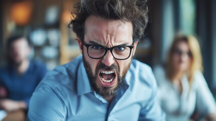 Obraz premium A man with glasses and a beard, shouting in a crowded room with other people.