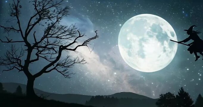 flying witch halloween background with moon