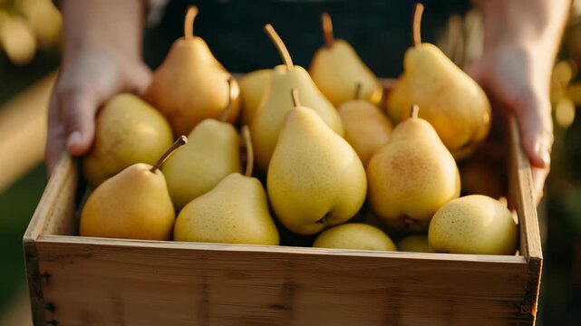 Female farmer standing in sunlit orchard, carefully holding wooden crate filled with golden, ripe pears during seasonal harvest