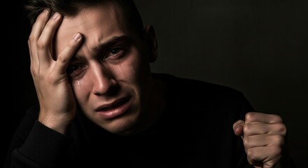 Close-up portrait of a young man crying, hand to his forehead, other hand clenched in a fist, dark background, dramatic lighting emphasizing his distress