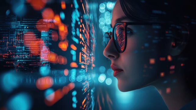 A woman wearing glasses looking at a digital screen with data and charts.