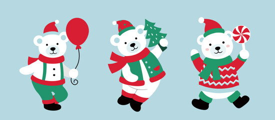 Set of cute Christmas white polar bears characters flat vector stock illustration.
Polar bear in clothes clipart.
Design for greeting card, poster, invitation.
