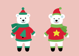 Set of cute Christmas white polar bears characters flat vector stock illustration.
Polar bear in clothes clipart.
Design for greeting card, poster, invitation.