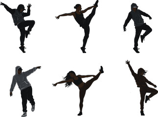 Urban street dance silhouette set, modern hip hop dancers in motion, stylish choreography poses, dynamic streetwear dance vector illustration