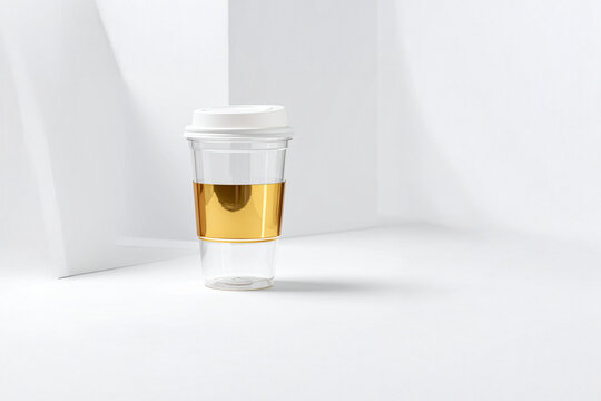 A minimalist and stylish image of a transparent plastic coffee cup with a shiny golden band around the center. The cup is placed in a bright, modern white room, with clean lines and geometric shadows.