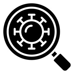 Disease Detection Glyph Black Silhouette Icon Design Vector - Magnifying glass focusing on a virus, symbolizing early disease detection and monitoring systems