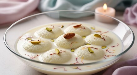 Rasmalai dessert bowl, Indian cuisine. Delicious sweet food for Diwali celebrations, festive occasions, menu design, and cultural events. Traditional dish with almonds.