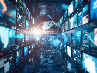 Digital data center with a glowing globe and futuristic network system