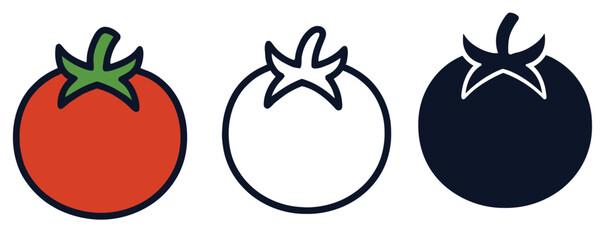 Three stylized tomatoes are shown side by side. One is red, one is an outline, and the third is solid black.