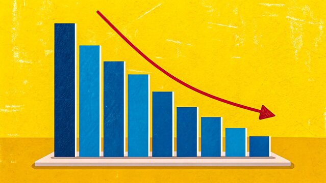 Declining bar chart with blue bars and red downward arrow on yellow background representing negative trend and business decrease concept