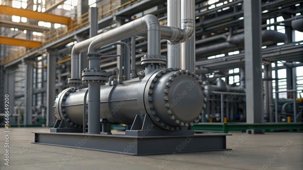 Poster a large industrial pipe system in a factory setting, showcasing metallic components and a complex ar