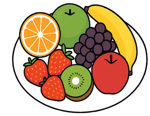 A colorful variety of fresh fruits including strawberries, kiwi, grapes, banana, orange, and apple arranged on a white plate.