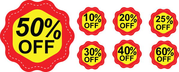 Discount Offer Labels – 10%, 30%, 50% Off Vector Badges