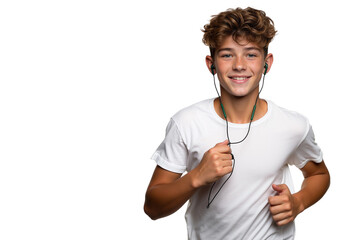 Handsome teenager boy jogging while listening to music with earphones, isolated on transparent background