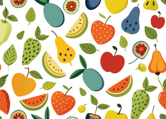 A cheerful, colorful pattern featuring a variety of stylized fruits like apples, pears, strawberries, and watermelon slices, interspersed with green leaves.