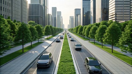 A modern cityscape featuring sleek skyscrapers, tree-lined streets, and cars driving along wide avenues under a clear sky.