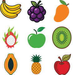 A grid of nine colorful fruit illustrations including bananas, grapes, mango, dragon fruit, apple, kiwi, papaya, pineapple, and another apple.