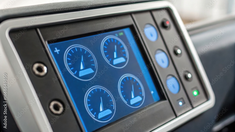 Poster a close-up of a digital display panel featuring four gauges, buttons, and indicators, likely used fo