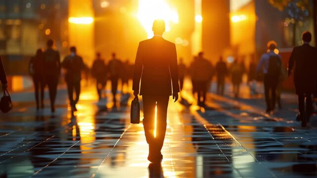 Businessman silhouette with briefcase walking in sunset city animation video. Professional lifestyle. Business man animated footage clip seamless HD motion. Career ambition concept