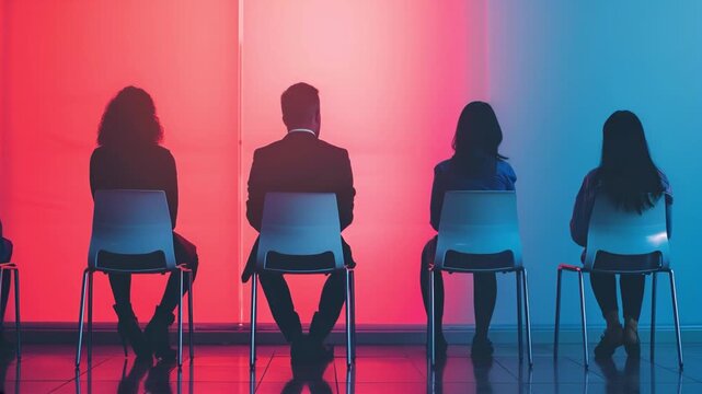 Diverse job candidates waiting in modern interview room animation video. Jobseekers sitting on chairs animated footage clip seamless HD motion graphics. Human resources concept
