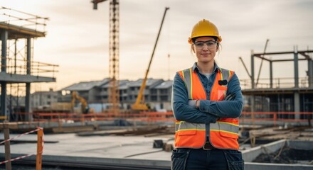 Confident construction worker in safety gear stands on site, overseeing building progress at sunset