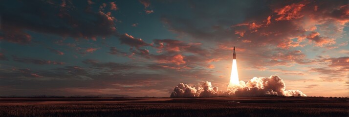 Rocket launch at sunset over a field (1)