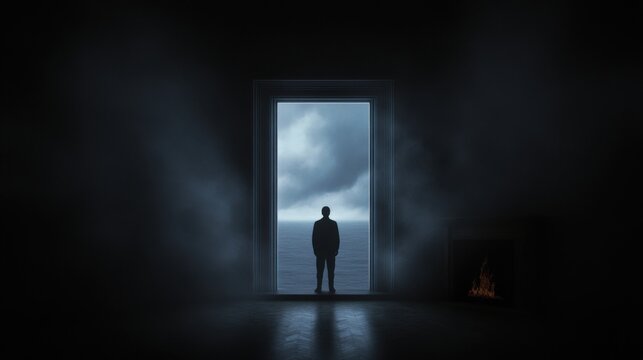 Silhouette in mysterious foggy room with ocean view through open door - Powered by Adobe