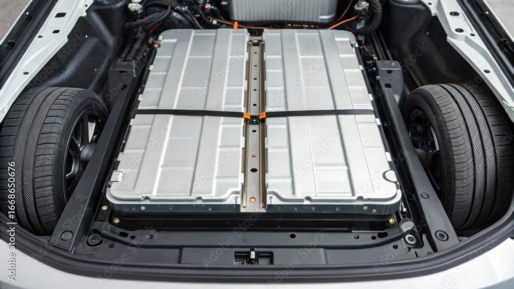 Poster A close-up view of an electric vehicle battery pack positioned between the rear wheels, showcasing its design and integration within the car's structure.