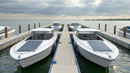 Two sleek boats equipped with solar panels are docked along a wooden pier, surrounded by calm waters under a cloudy sky.